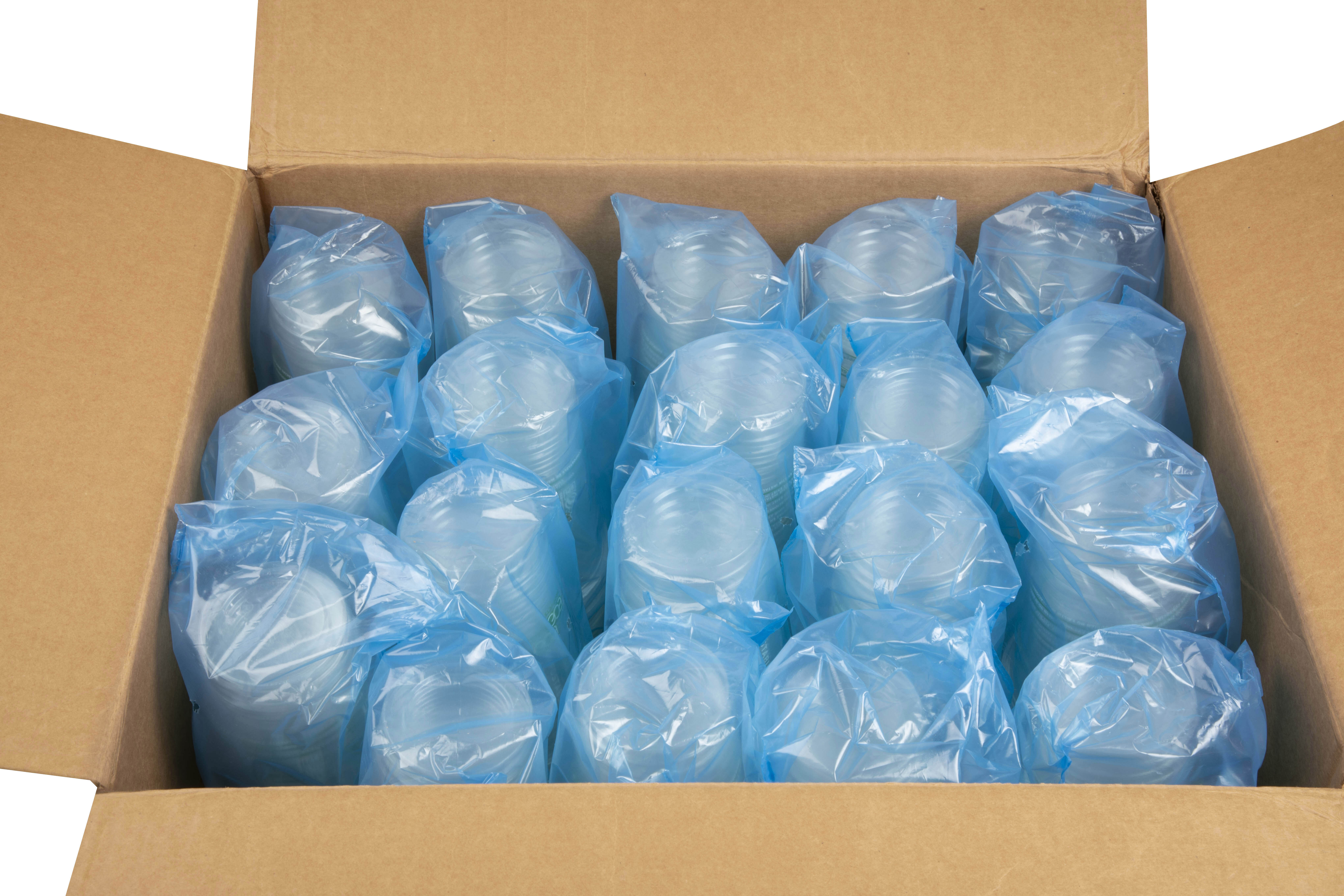 A cardboard box full of blue tinted polybags filled with stacks of PLA cups